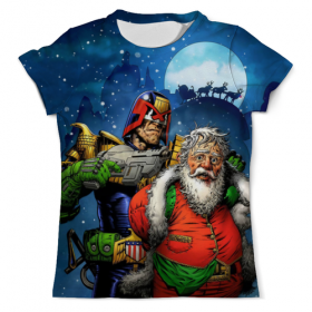 full_print_tee с принтом Judge Dredd Vs Father Xmas в Екатеринбурге, Футболка с нанесением полноцветного изображения по всей поверхности может быть выполнена в двух вариантах - ХЛОПОК и СИНТЕТИКА. | Хлопок - ткань из 100% хлопка высшего качества пенье.  <br>Синтетика - ткань с высоким содержанием синтетического волокна (до 80%).  Материал хорошо тянется, имеет приятную на ощупь фактуру | 