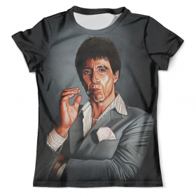 full_print_tee с принтом Tony Montana - Scarface в Екатеринбурге, Футболка с нанесением полноцветного изображения по всей поверхности может быть выполнена в двух вариантах - ХЛОПОК и СИНТЕТИКА. | Хлопок - ткань из 100% хлопка высшего качества пенье.  <br>Синтетика - ткань с высоким содержанием синтетического волокна (до 80%).  Материал хорошо тянется, имеет приятную на ощупь фактуру | 