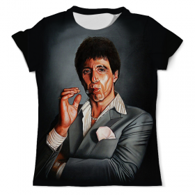 full_print_tee с принтом Tony Montana - Scarface в Екатеринбурге, Футболка с нанесением полноцветного изображения по всей поверхности может быть выполнена в двух вариантах - ХЛОПОК и СИНТЕТИКА. | Хлопок - ткань из 100% хлопка высшего качества пенье.  <br>Синтетика - ткань с высоким содержанием синтетического волокна (до 80%).  Материал хорошо тянется, имеет приятную на ощупь фактуру | Тематика изображения на принте: 