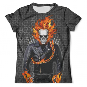 full_print_tee с принтом Ghost Rider в Екатеринбурге, Футболка с нанесением полноцветного изображения по всей поверхности может быть выполнена в двух вариантах - ХЛОПОК и СИНТЕТИКА. | Хлопок - ткань из 100% хлопка высшего качества пенье.  <br>Синтетика - ткань с высоким содержанием синтетического волокна (до 80%).  Материал хорошо тянется, имеет приятную на ощупь фактуру | Тематика изображения на принте: 