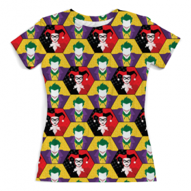 full_print_woman_tee с принтом Harley Quinn & The Joker в Екатеринбурге, Футболка с нанесением полноцветного изображения по всей поверхности может быть выполнена в двух вариантах - ХЛОПОК и СИНТЕТИКА. | Хлопок - ткань из 100% хлопка высшего качества пенье.  <br>Синтетика - ткань с высоким содержанием синтетического волокна (до 80%).  Материал хорошо тянется, имеет приятную на ощупь фактуру | 