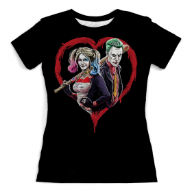 full_print_woman_tee с принтом Harley Quinn & Joker в Екатеринбурге, Футболка с нанесением полноцветного изображения по всей поверхности может быть выполнена в двух вариантах - ХЛОПОК и СИНТЕТИКА. | Хлопок - ткань из 100% хлопка высшего качества пенье.  <br>Синтетика - ткань с высоким содержанием синтетического волокна (до 80%).  Материал хорошо тянется, имеет приятную на ощупь фактуру | 