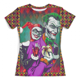 full_print_woman_tee с принтом The Joker&Harley Quinn Design (new) в Екатеринбурге, Футболка с нанесением полноцветного изображения по всей поверхности может быть выполнена в двух вариантах - ХЛОПОК и СИНТЕТИКА. | Хлопок - ткань из 100% хлопка высшего качества пенье.  <br>Синтетика - ткань с высоким содержанием синтетического волокна (до 80%).  Материал хорошо тянется, имеет приятную на ощупь фактуру | 