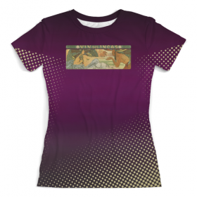 full_print_woman_tee с принтом Альфонс Муха, «Вино Инков» в Екатеринбурге, Футболка с нанесением полноцветного изображения по всей поверхности может быть выполнена в двух вариантах - ХЛОПОК и СИНТЕТИКА. | Хлопок - ткань из 100% хлопка высшего качества пенье.  <br>Синтетика - ткань с высоким содержанием синтетического волокна (до 80%).  Материал хорошо тянется, имеет приятную на ощупь фактуру | Тематика изображения на принте: 