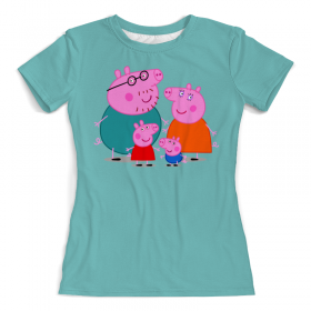 full_print_woman_tee с принтом Peppa Pig в Екатеринбурге, Футболка с нанесением полноцветного изображения по всей поверхности может быть выполнена в двух вариантах - ХЛОПОК и СИНТЕТИКА. | Хлопок - ткань из 100% хлопка высшего качества пенье.  <br>Синтетика - ткань с высоким содержанием синтетического волокна (до 80%).  Материал хорошо тянется, имеет приятную на ощупь фактуру | 