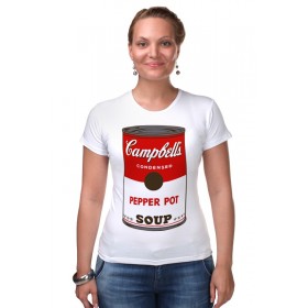 Женская футболка стрэйч с принтом Campbells Soup (Энди Уорхол) в Екатеринбурге,  |  | Тематика изображения на принте: 