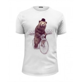 Мужская футболка Premium с принтом Медведь на велосипеде в Екатеринбурге, Белый, черный, серый меланж, голубой: 100% хлопок, плотность 160 гр. Остальные цвета: 92% хлопок, 8% лайкра, плотность 170-180гр. |  | 