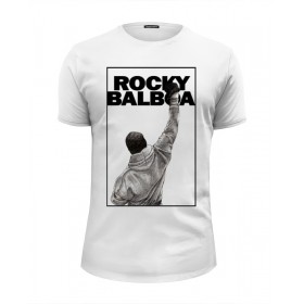 Мужская футболка Premium с принтом Rocky Balboa в Екатеринбурге, Белый, черный, серый меланж, голубой: 100% хлопок, плотность 160 гр. Остальные цвета: 92% хлопок, 8% лайкра, плотность 170-180гр. |  | 