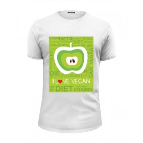 Мужская футболка Premium с принтом I love vegan в Екатеринбурге, Белый, черный, серый меланж, голубой: 100% хлопок, плотность 160 гр. Остальные цвета: 92% хлопок, 8% лайкра, плотность 170-180гр. |  | Тематика изображения на принте: 