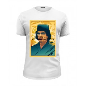 Мужская футболка Premium с принтом Муаммар Каддафи в Екатеринбурге, Белый, черный, серый меланж, голубой: 100% хлопок, плотность 160 гр. Остальные цвета: 92% хлопок, 8% лайкра, плотность 170-180гр. |  | 