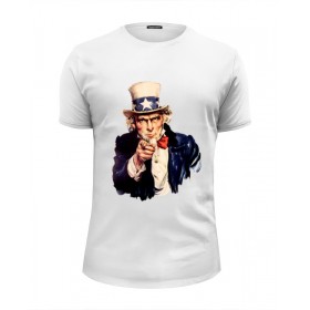 Мужская футболка Premium с принтом Uncle Sam в Екатеринбурге, Белый, черный, серый меланж, голубой: 100% хлопок, плотность 160 гр. Остальные цвета: 92% хлопок, 8% лайкра, плотность 170-180гр. |  | 
