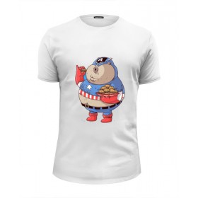 Мужская футболка Premium с принтом Fat Captain America в Екатеринбурге, Белый, черный, серый меланж, голубой: 100% хлопок, плотность 160 гр. Остальные цвета: 92% хлопок, 8% лайкра, плотность 170-180гр. |  | 