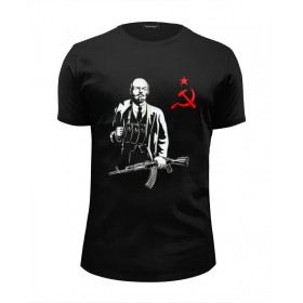 Мужская футболка Premium с принтом Ленин Калашников АК47 в Екатеринбурге, Белый, черный, серый меланж, голубой: 100% хлопок, плотность 160 гр. Остальные цвета: 92% хлопок, 8% лайкра, плотность 170-180гр. |  | 