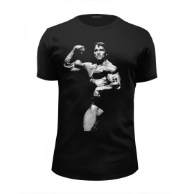 Мужская футболка Premium с принтом Schwarzenegger в Екатеринбурге, Белый, черный, серый меланж, голубой: 100% хлопок, плотность 160 гр. Остальные цвета: 92% хлопок, 8% лайкра, плотность 170-180гр. |  | 
