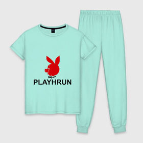 Женская пижама хлопок с принтом Playhrun в Екатеринбурге, 100% хлопок | брюки и футболка прямого кроя, без карманов, на брюках мягкая резинка на поясе и по низу штанин | playboy | плейбой | плейхрюн | хрю