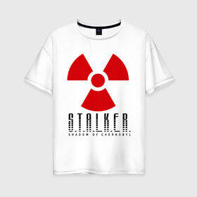 Женская футболка хлопок Oversize с принтом Stalker в Екатеринбурге, 100% хлопок | свободный крой, круглый ворот, спущенный рукав, длина до линии бедер
 | shooter | stalker | постапокалиптические | припять | радиация | сталкер | чернобыль | шутер