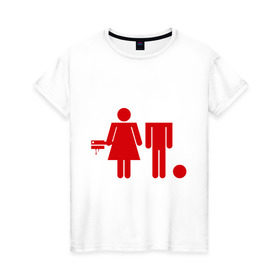 Женская футболка хлопок с принтом Девочка топор и мальчик в Екатеринбурге, 100% хлопок | прямой крой, круглый вырез горловины, длина до линии бедер, слегка спущенное плечо | без головы | девушка | знаки | люди | парень | силуэты | топор | человеки
