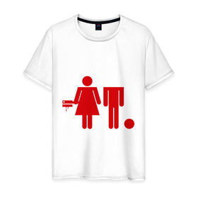Мужская футболка хлопок с принтом Девочка топор и мальчик в Екатеринбурге, 100% хлопок | прямой крой, круглый вырез горловины, длина до линии бедер, слегка спущенное плечо. | без головы | девушка | знаки | люди | парень | силуэты | топор | человеки