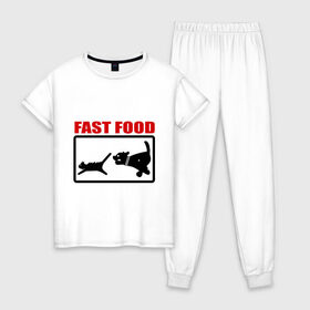 Женская пижама хлопок с принтом Fast food в Екатеринбурге, 100% хлопок | брюки и футболка прямого кроя, без карманов, на брюках мягкая резинка на поясе и по низу штанин | fast food | fastfood | быстра еда | коты | кошка | песики | собака