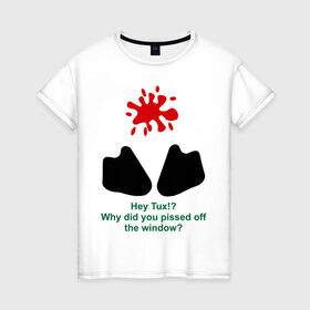 Женская футболка хлопок с принтом Hey Tux! в Екатеринбурге, 100% хлопок | прямой крой, круглый вырез горловины, длина до линии бедер, слегка спущенное плечо | пингвин