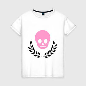 Женская футболка хлопок с принтом Память о умершем эмо в Екатеринбурге, 100% хлопок | прямой крой, круглый вырез горловины, длина до линии бедер, слегка спущенное плечо | emo | лавры | розовый череп | субкультуры | череп | эмо | эмо череп