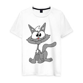 Мужская футболка хлопок с принтом Серый кот в Екатеринбурге, 100% хлопок | прямой крой, круглый вырез горловины, длина до линии бедер, слегка спущенное плечо. | Тематика изображения на принте: домашние животные | кот | кошка | кошки | серый кот