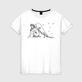 Женская футболка хлопок с принтом Задумчивый ангел в Екатеринбурге, 100% хлопок | прямой крой, круглый вырез горловины, длина до линии бедер, слегка спущенное плечо | angel | ангел | девушкам | для девушек
