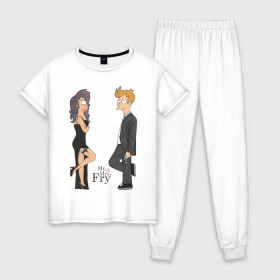 Женская пижама хлопок с принтом Mr. & Mrs. Fry в Екатеринбурге, 100% хлопок | брюки и футболка прямого кроя, без карманов, на брюках мягкая резинка на поясе и по низу штанин | bender | futurama | бендер | футурама