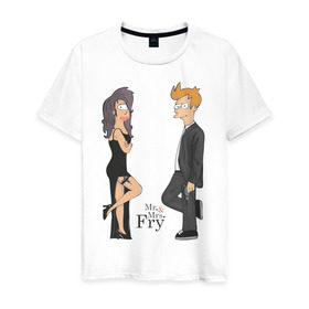 Мужская футболка хлопок с принтом Mr. & Mrs. Fry в Екатеринбурге, 100% хлопок | прямой крой, круглый вырез горловины, длина до линии бедер, слегка спущенное плечо. | bender | futurama | бендер | футурама