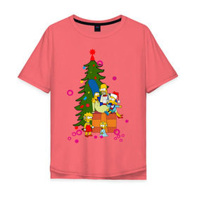 Мужская футболка хлопок Oversize с принтом Новый год у симпсонов в Екатеринбурге, 100% хлопок | свободный крой, круглый ворот, “спинка” длиннее передней части | 2012 | 2012 год | simpsons | год дракона | елка | елочка | новогодний | новый 2012 | новый год | подарки | симпсоны | симсоны