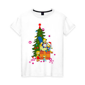 Женская футболка хлопок с принтом Новый год у симпсонов в Екатеринбурге, 100% хлопок | прямой крой, круглый вырез горловины, длина до линии бедер, слегка спущенное плечо | 2012 | 2012 год | simpsons | год дракона | елка | елочка | новогодний | новый 2012 | новый год | подарки | симпсоны | симсоны