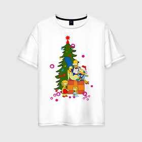 Женская футболка хлопок Oversize с принтом Новый год у симпсонов в Екатеринбурге, 100% хлопок | свободный крой, круглый ворот, спущенный рукав, длина до линии бедер
 | 2012 | 2012 год | simpsons | год дракона | елка | елочка | новогодний | новый 2012 | новый год | подарки | симпсоны | симсоны