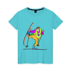Женская футболка хлопок с принтом Лыжник (2) в Екатеринбурге, 100% хлопок | прямой крой, круглый вырез горловины, длина до линии бедер, слегка спущенное плечо | беговые лыжи | гора | горные лыжи | для зимы | зимний спорт | лыжи | лыжник | трасса