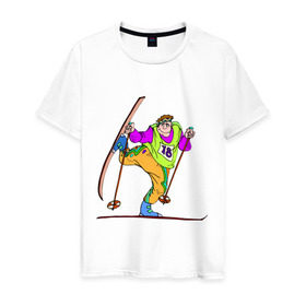 Мужская футболка хлопок с принтом Лыжник (2) в Екатеринбурге, 100% хлопок | прямой крой, круглый вырез горловины, длина до линии бедер, слегка спущенное плечо. | беговые лыжи | гора | горные лыжи | для зимы | зимний спорт | лыжи | лыжник | трасса