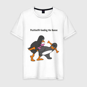 Мужская футболка хлопок с принтом Position 10 loading the Queue в Екатеринбурге, 100% хлопок | прямой крой, круглый вырез горловины, длина до линии бедер, слегка спущенное плечо. | Тематика изображения на принте: пингвин