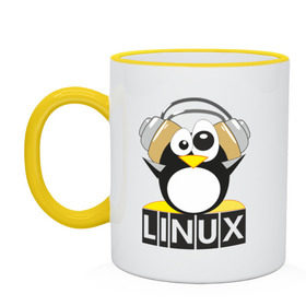 Кружка двухцветная с принтом Linux в Екатеринбурге, керамика | объем — 330 мл, диаметр — 80 мм. Цветная ручка и кайма сверху, в некоторых цветах — вся внутренняя часть | пингвин