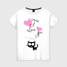 Женская футболка хлопок с принтом Любовь и кошка в Екатеринбурге, 100% хлопок | прямой крой, круглый вырез горловины, длина до линии бедер, слегка спущенное плечо | 