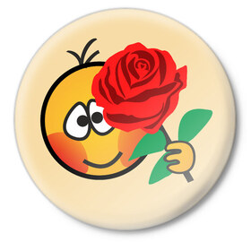Значок с принтом Смайлик с розой в Екатеринбурге,  металл | круглая форма, металлическая застежка в виде булавки | Тематика изображения на принте: 