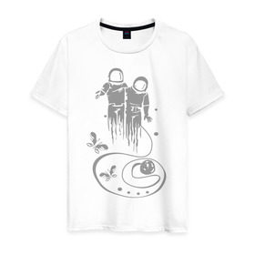 Мужская футболка хлопок с принтом Бабочки в космосе в Екатеринбурге, 100% хлопок | прямой крой, круглый вырез горловины, длина до линии бедер, слегка спущенное плечо. | астранавты | бабочки в космосе | вакуум | космонавты | космос | открытый космос | скафандр