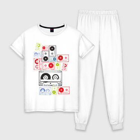 Женская пижама хлопок с принтом Кассеты в Екатеринбурге, 100% хлопок | брюки и футболка прямого кроя, без карманов, на брюках мягкая резинка на поясе и по низу штанин | аудиокассеты | кассеты | музыка | прикольные