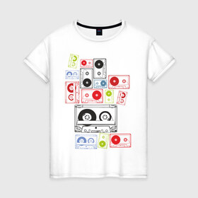 Женская футболка хлопок с принтом Кассеты в Екатеринбурге, 100% хлопок | прямой крой, круглый вырез горловины, длина до линии бедер, слегка спущенное плечо | аудиокассеты | кассеты | музыка | прикольные