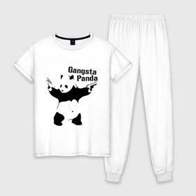 Женская пижама хлопок с принтом Gangsta Panda в Екатеринбурге, 100% хлопок | брюки и футболка прямого кроя, без карманов, на брюках мягкая резинка на поясе и по низу штанин | панда