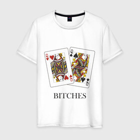 Мужская футболка хлопок с принтом Bitches в Екатеринбурге, 100% хлопок | прямой крой, круглый вырез горловины, длина до линии бедер, слегка спущенное плечо. | poker | азартные | дама | карточные | карты | колода | покер