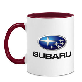 Кружка двухцветная с принтом Subaru в Екатеринбурге, керамика | объем — 330 мл, диаметр — 80 мм. Цветная ручка и кайма сверху, в некоторых цветах — вся внутренняя часть | subaru | авто | бренд | логотип | машина | субара | субару