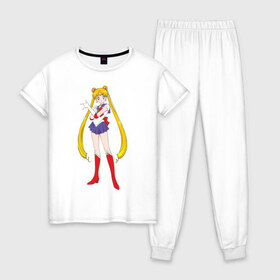 Женская пижама хлопок с принтом Sailor Moon в Екатеринбурге, 100% хлопок | брюки и футболка прямого кроя, без карманов, на брюках мягкая резинка на поясе и по низу штанин | Тематика изображения на принте: аниме