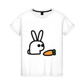 Женская футболка хлопок с принтом Заяц и моркоФка в Екатеринбурге, 100% хлопок | прямой крой, круглый вырез горловины, длина до линии бедер, слегка спущенное плечо | Тематика изображения на принте: животные | зайка | зайчишка | зайчонок | заяц | кролик | морковка