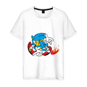 Мужская футболка хлопок с принтом sonic в Екатеринбурге, 100% хлопок | прямой крой, круглый вырез горловины, длина до линии бедер, слегка спущенное плечо. | sega | sonic | видеоигры | еж | приставки