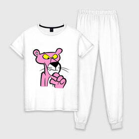 Женская пижама хлопок с принтом Розовая пантера (3) в Екатеринбурге, 100% хлопок | брюки и футболка прямого кроя, без карманов, на брюках мягкая резинка на поясе и по низу штанин | Тематика изображения на принте: pink panther | розовая пантера