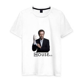 Мужская футболка хлопок с принтом Хаус с перчаткой в Екатеринбурге, 100% хлопок | прямой крой, круглый вырез горловины, длина до линии бедер, слегка спущенное плечо. | everybody lies | haus | house | все лгут | доктор | хауз | хаус | хью лори