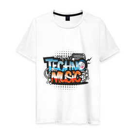Мужская футболка хлопок с принтом techno music в Екатеринбурге, 100% хлопок | прямой крой, круглый вырез горловины, длина до линии бедер, слегка спущенное плечо. | music | techno | музыка | надпись | техно